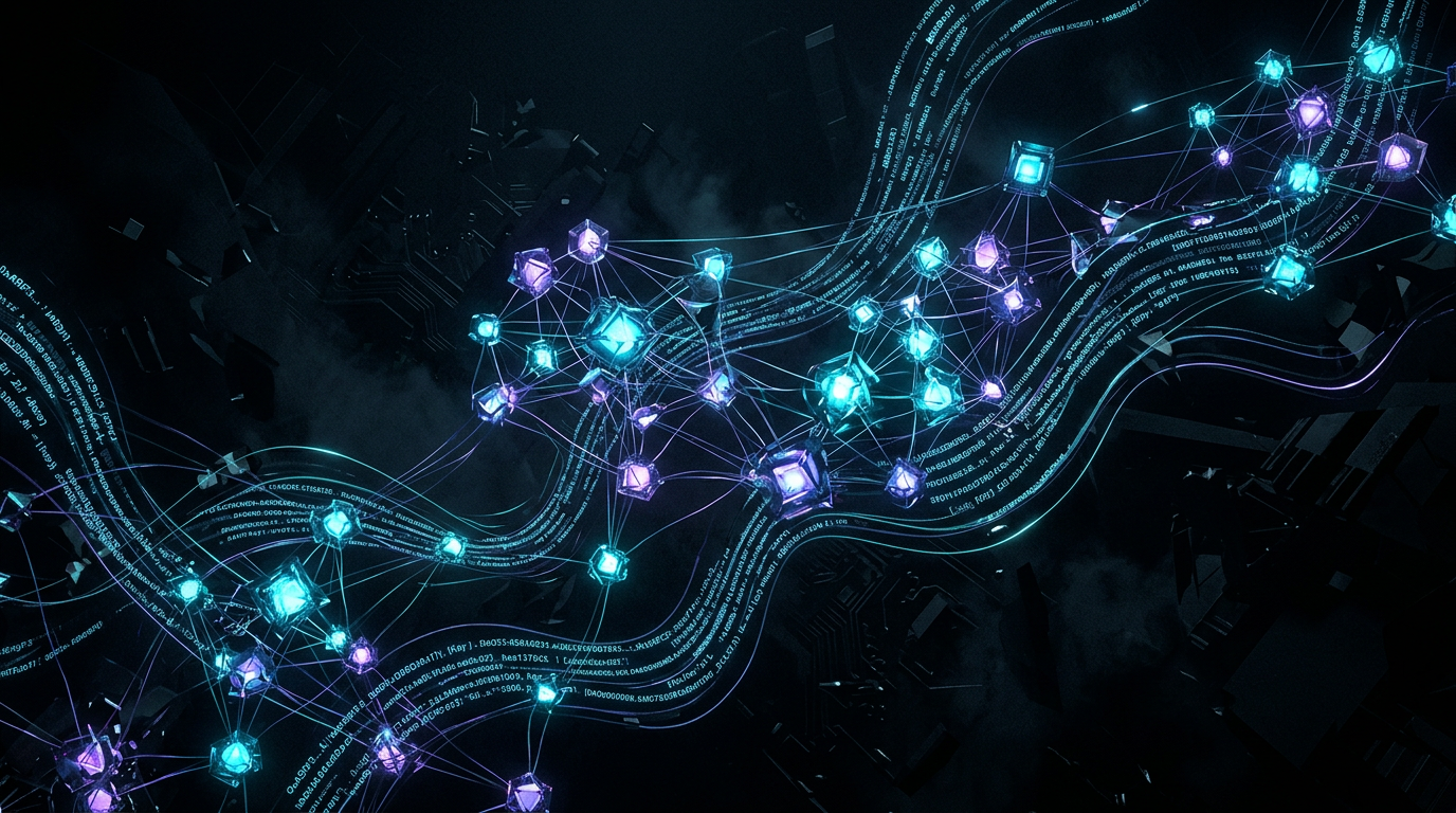 Abstract illustration representing invisible digital signatures embedded into streams of binary text data
