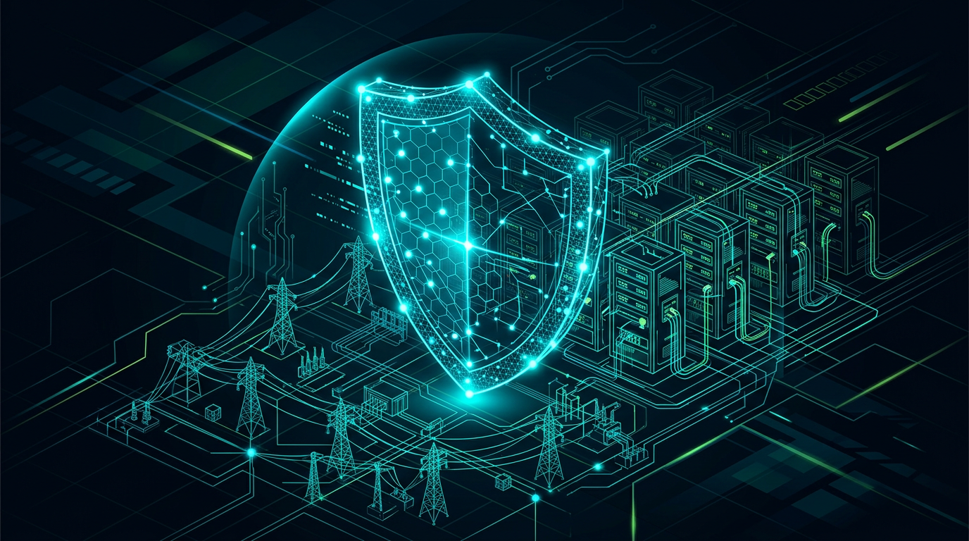 Dark editorial illustration showing illuminated digital shields guarding interconnected critical infrastructure networks