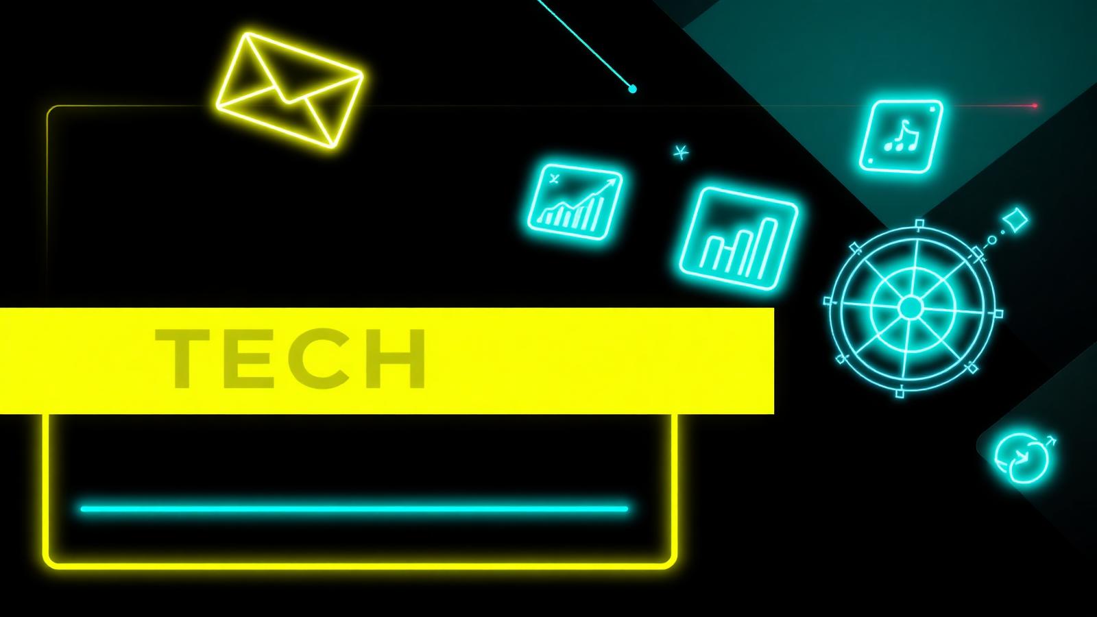 Dark editorial hero with glowing email, chart and social media icons arranged around a headline space, representing the best AI marketing tools