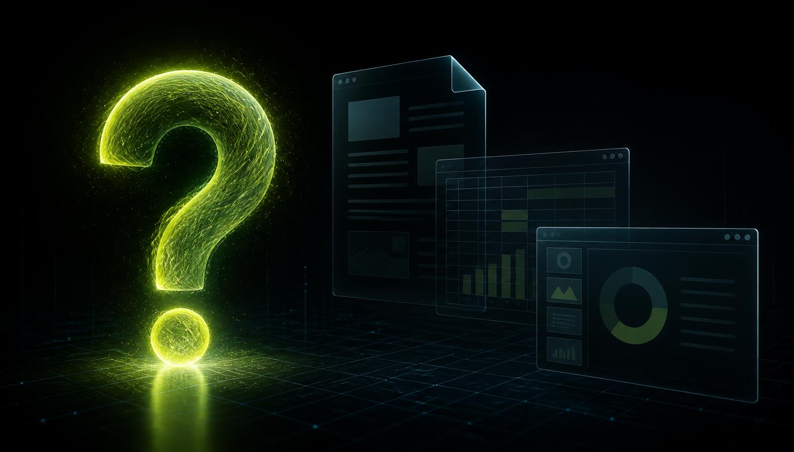 Glowing lime-green question mark beside floating document, spreadsheet and slide windows on a dark background, illustrating what is the best AI tool