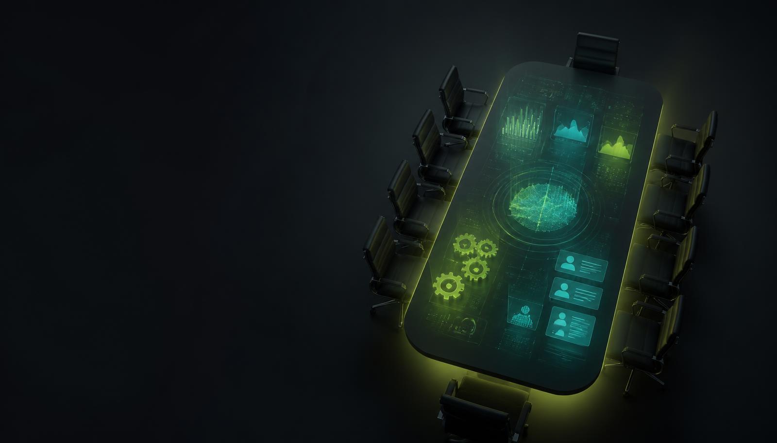 Dark boardroom table lit by holographic charts, gears and customer cards, representing the best AI tools for business