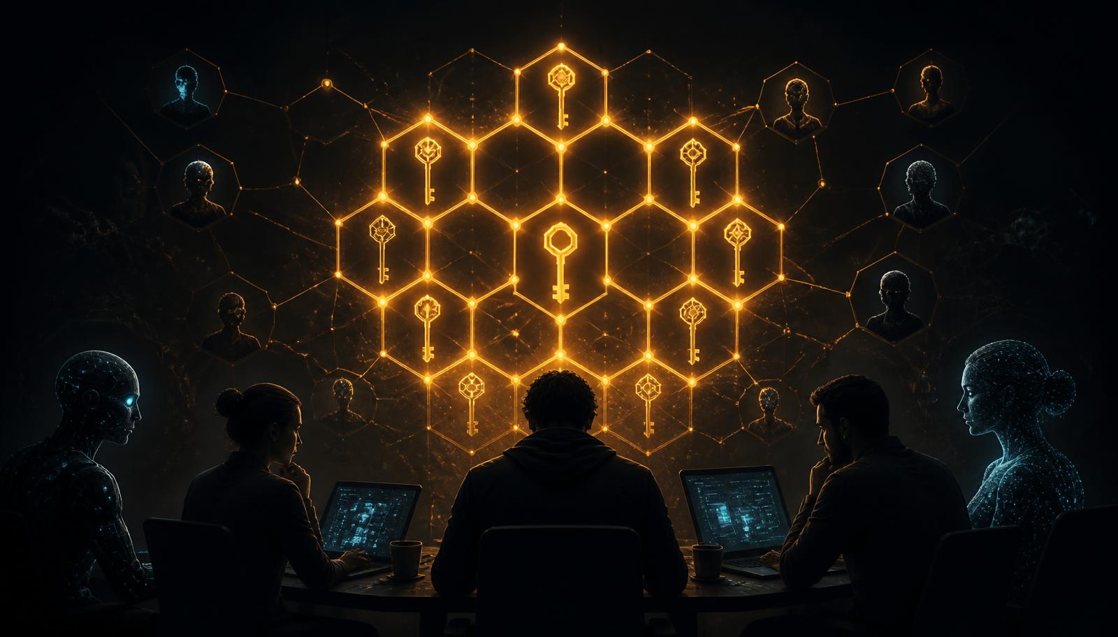Glowing amber hexagonal hive lattice with cryptographic key icons connecting human and AI agent silhouettes, representing Buzz by Block