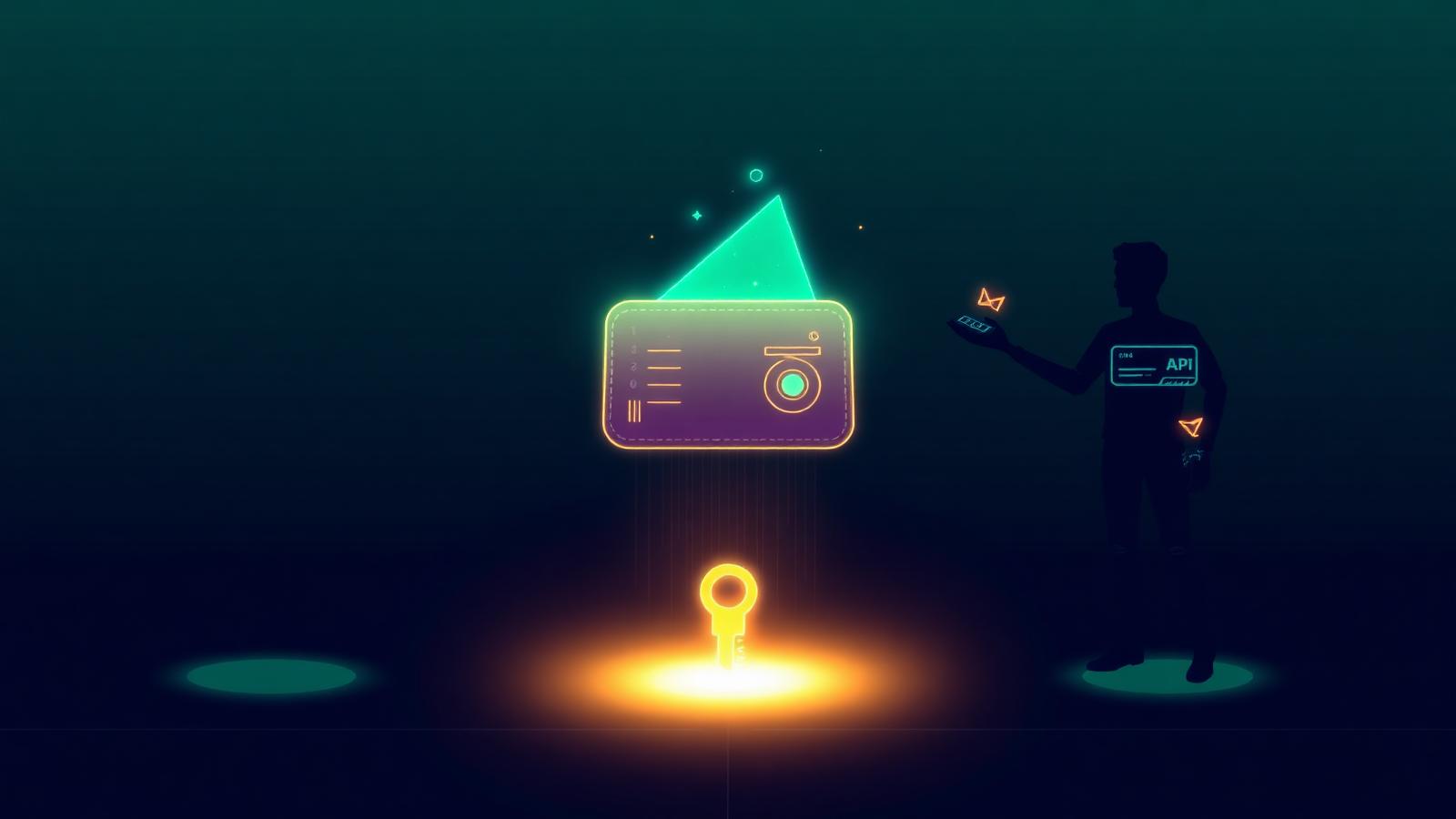 Glowing digital wallet connecting an AI agent identity key with a merchant API server on a dark background