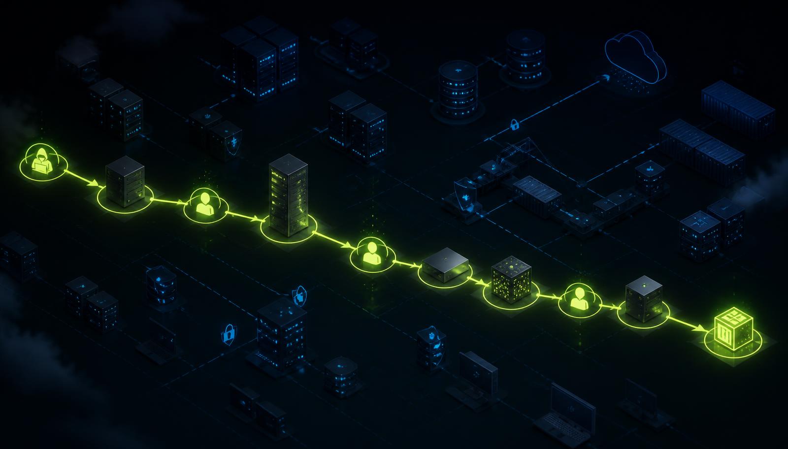Glowing lime-green attack path linking server, identity and pipeline nodes across a dark enterprise network, representing Cogent VR-1 composing an enterprise attack chain