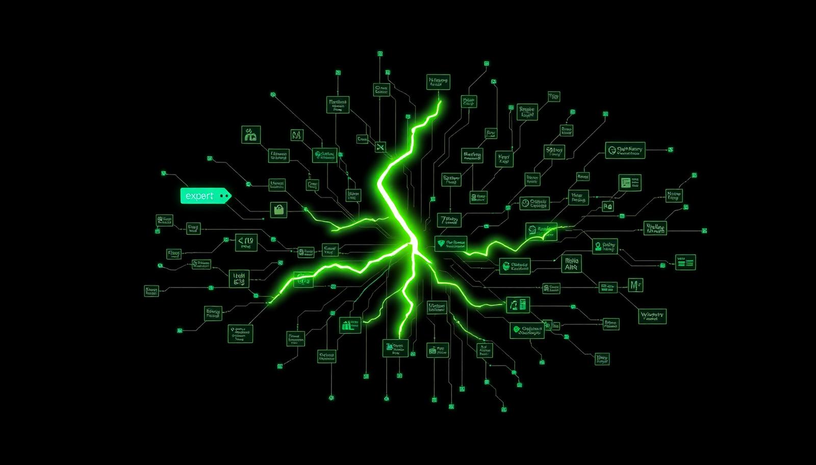 Glowing lime-green lightning bolt branching through a dark mixture-of-experts neural grid beside a small price tag, representing DeepSeek V4 Flash cheap sparse inference