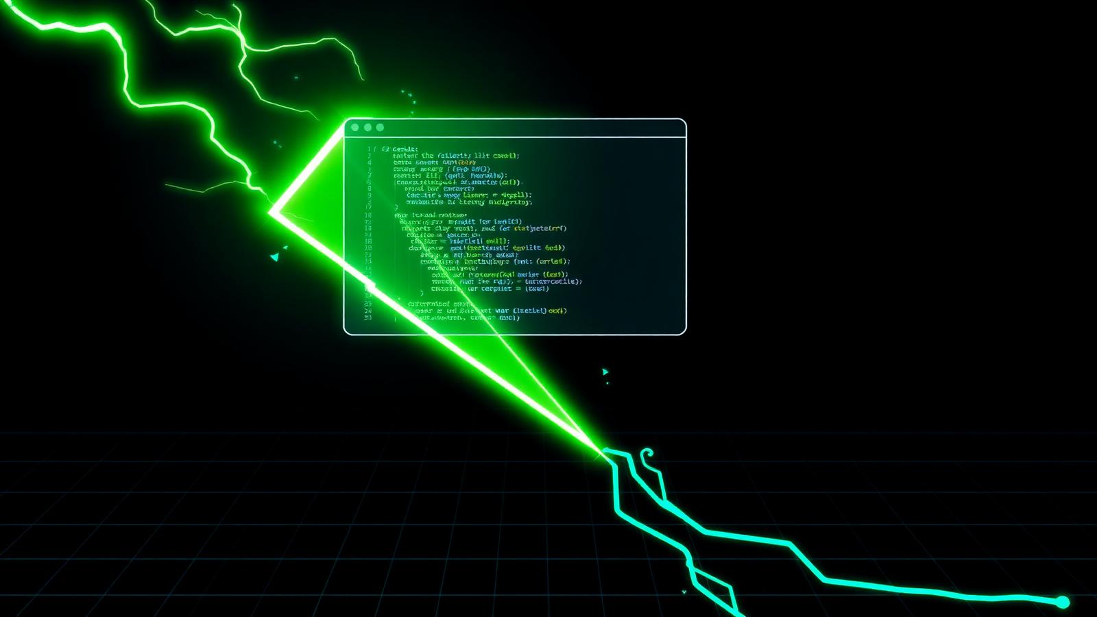 Neon green lightning bolt striking a floating code editor window above a dark grid, representing Google's fast Gemini 3.7 Flash coding model