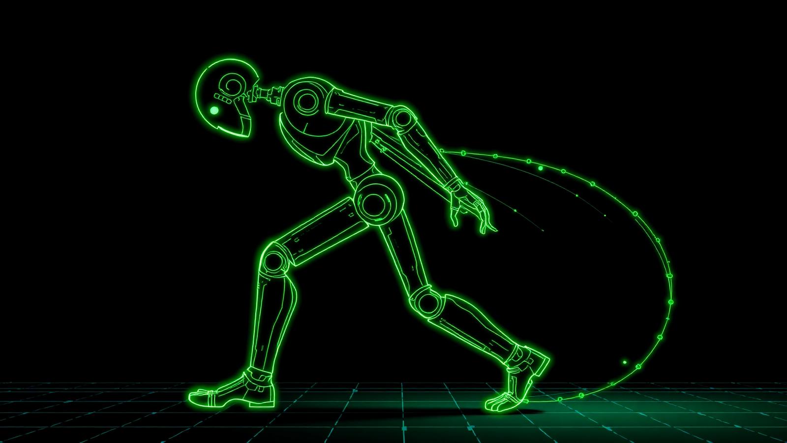 Glowing lime-green wireframe humanoid robot mid-stride with motion-trail arcs over a dark cyan grid, representing Gemini Robotics 2 whole-body control