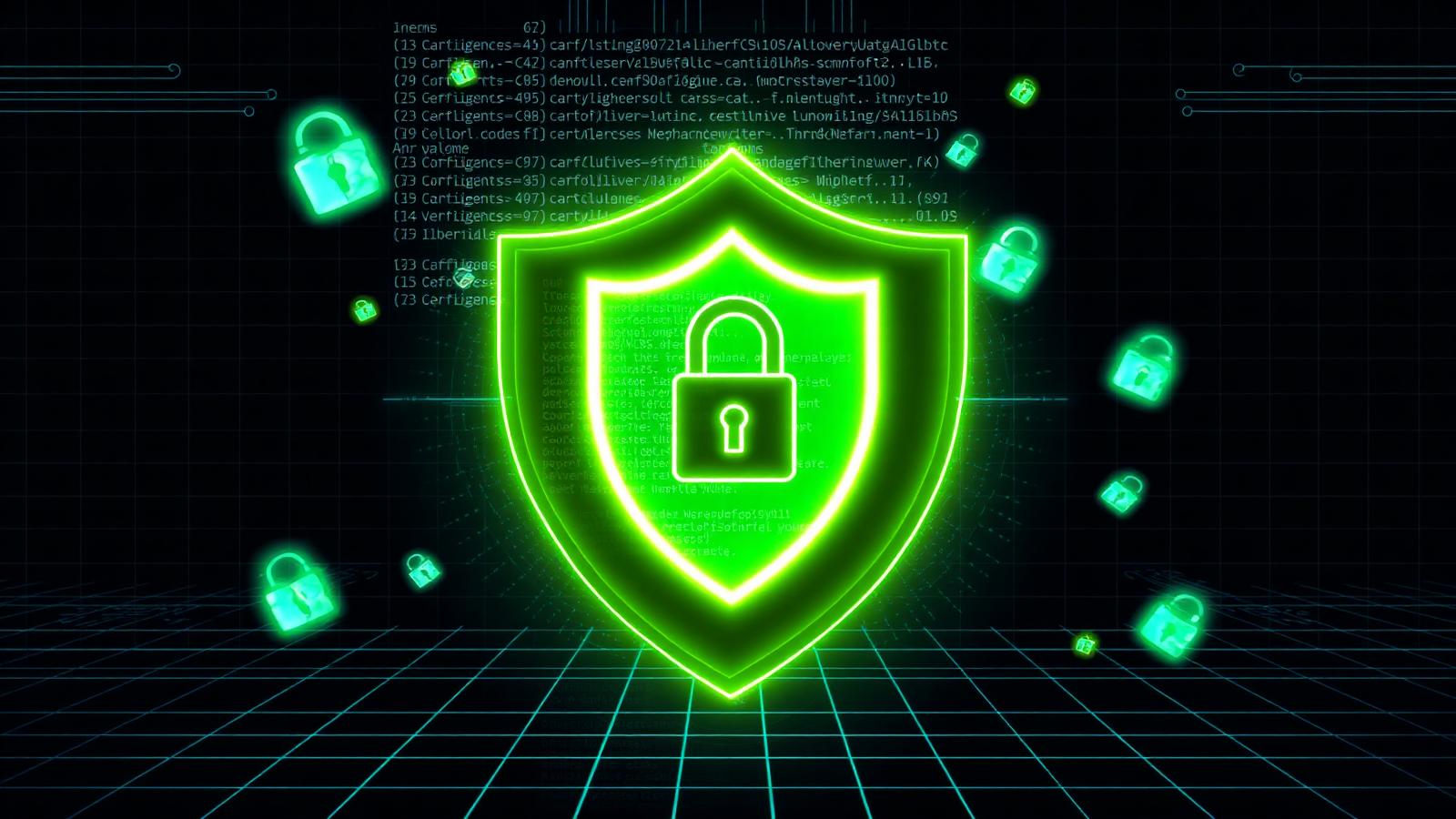 Neon green security shield fused with a terminal window of code, surrounded by broken padlock icons on a dark cyan grid