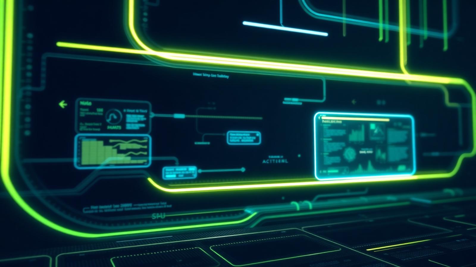 Futuristic dashboard of AI tools glowing in lime and cyan on a dark screen