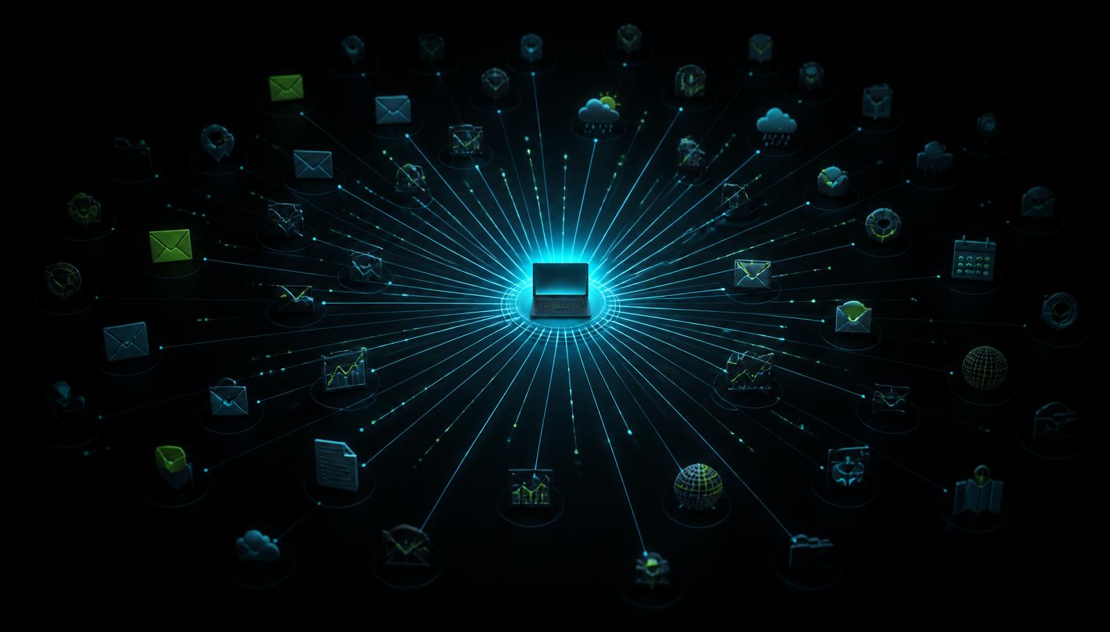 Single glowing cyan endpoint hub fanning out to dozens of mail, weather, chart, map and file tool icons, representing mu's 67 agent tools
