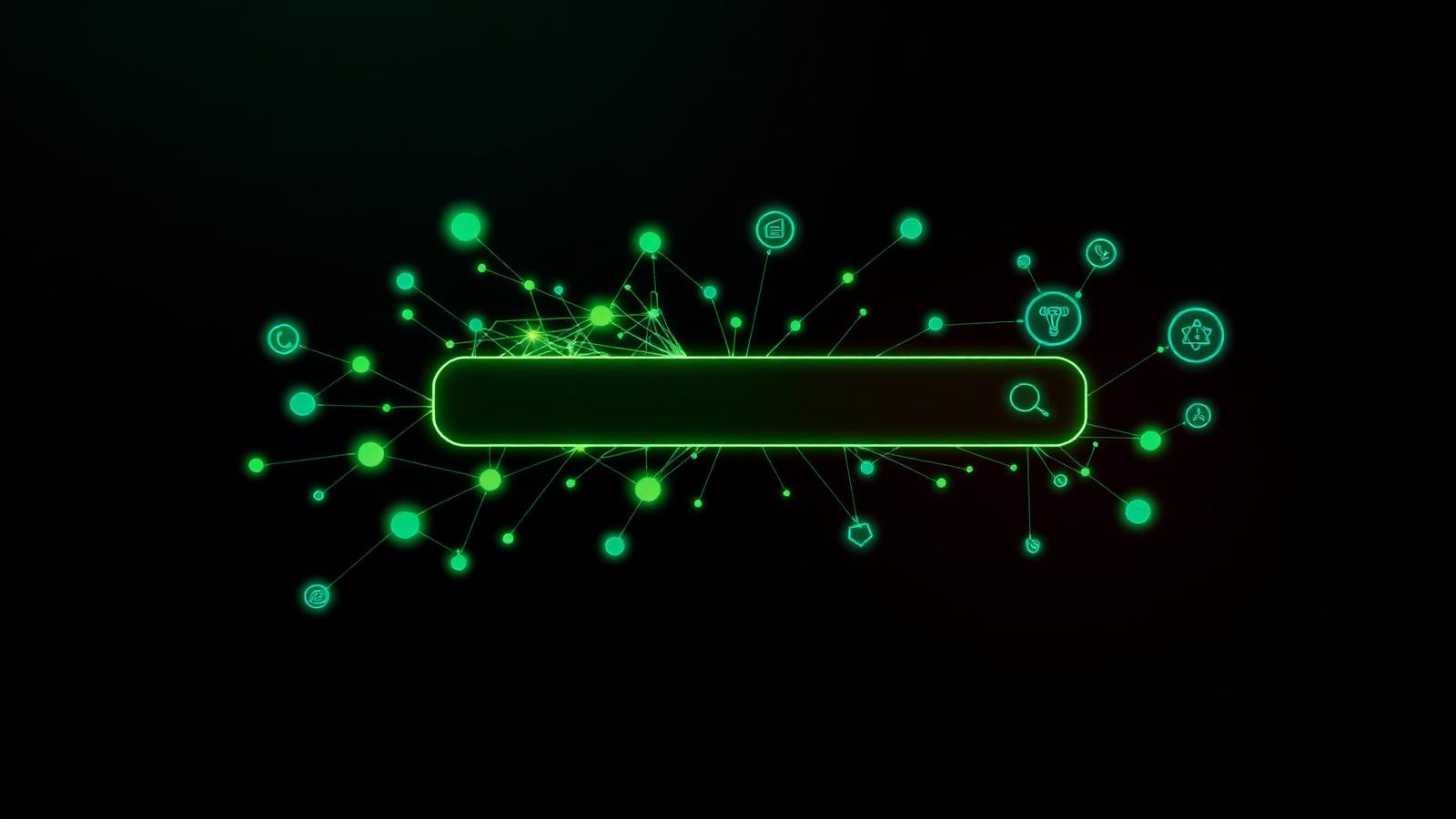 Glowing lime-green knowledge graph of interlinked nodes flowing into a search bar on a dark background, representing Onton's Ontology 1 neurosymbolic AI search engine